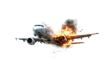 Full-body commercial airplane with blazing engine fire and extensive fuselage damage PNG clipart on transparent background for high-resolution emergency aviation and safety design projects