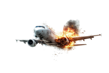 Full-body commercial airplane with blazing engine fire and extensive fuselage damage PNG clipart on transparent background for high-resolution emergency aviation and safety design projects