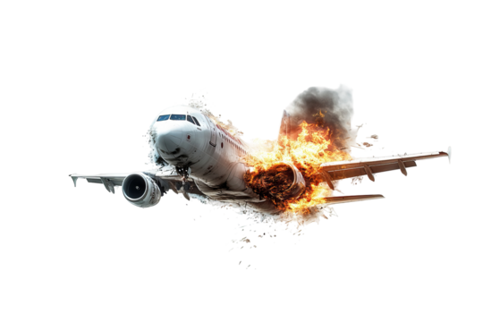 Full-body commercial airplane with blazing engine fire and extensive fuselage damage PNG clipart on transparent background for high-resolution emergency aviation and safety design projects