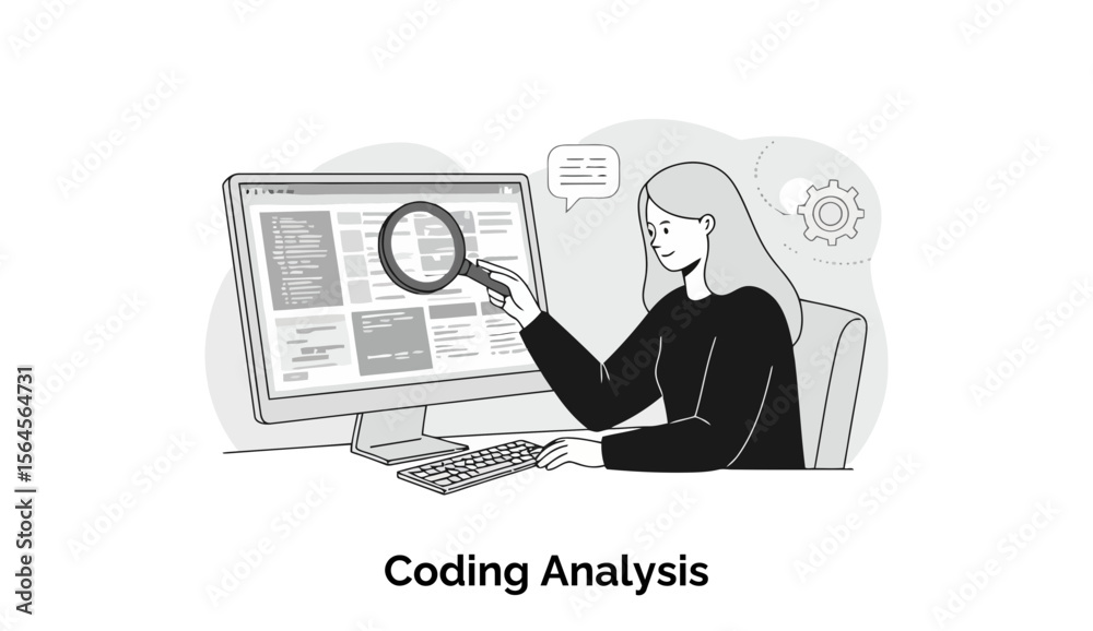 Poster female software developer examining code on a computer monitor in an office setting. concentrated fo