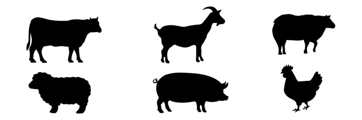 Silhouettes of farm animals vector collection.farm animal silhouette vector collection.
