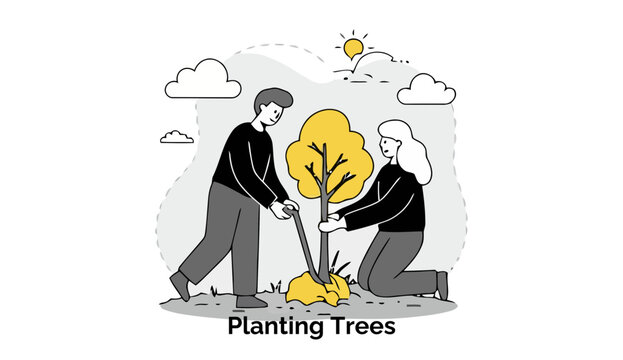 A heartwarming black and white line art illustration depicts two smiling individuals working in harmony to plant a young sapling, symbolizing a shared commitment to environmental stewardship.