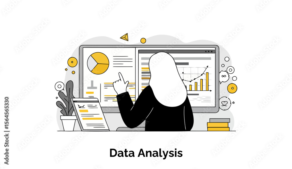 Poster female data analyst in hijab reviewing data on multiple computer screens in a modern office setting.