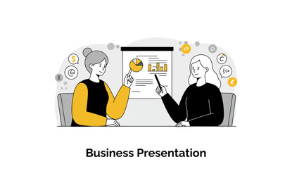 Two poised female colleagues in professional business suits are co-presenting financial performance data, using charts and graphs during a formal boardroom meeting.