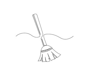 Sweeping brush or broom outline drawing illustration. one continuous line drawing of sweeper.