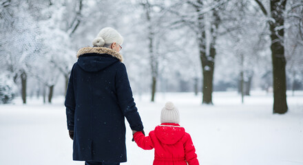 Grandmother and granddaughter walking in snowy park