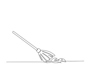 Sweeping brush or broom outline drawing illustration. one continuous line drawing of sweeper.
