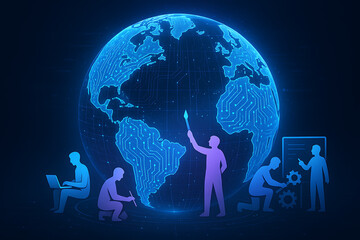Global tech synergy people collaborating on digital world map for world youth skills day fostering innovative solutions and teamwork