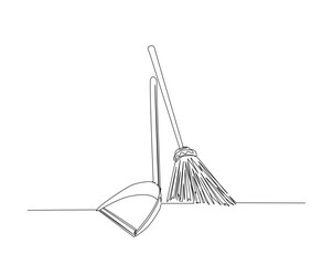 Broom with dustpan outline drawing illustration. one continuous line drawing of sweeper and dustpan.