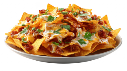 Illustration of nachos with cheese and sour cream, isolated on transparent background