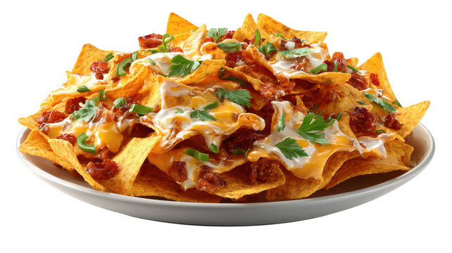 Illustration of nachos with cheese and sour cream, isolated on transparent background