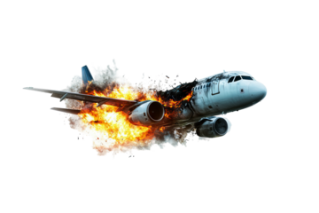 Full-body commercial airplane with blazing engine fire and extensive fuselage damage PNG clipart on transparent background for high-resolution emergency aviation and safety design projects