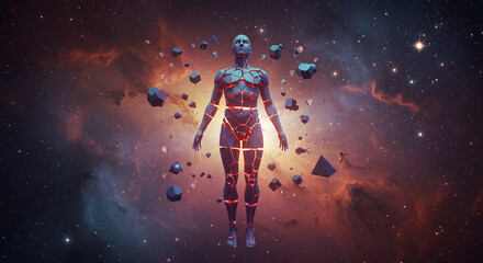 Naklejka premium Digital Human Floating Among Geometric Shapes in Space. A fragmented humanoid figure floats in space with geometric shapes and cosmic lighting around. 