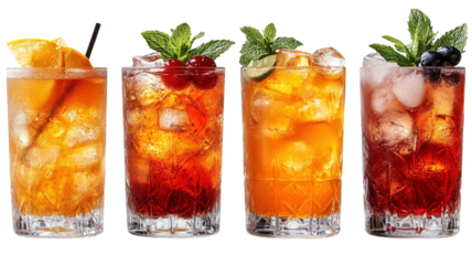 colorful cocktails in glasses on transparent background