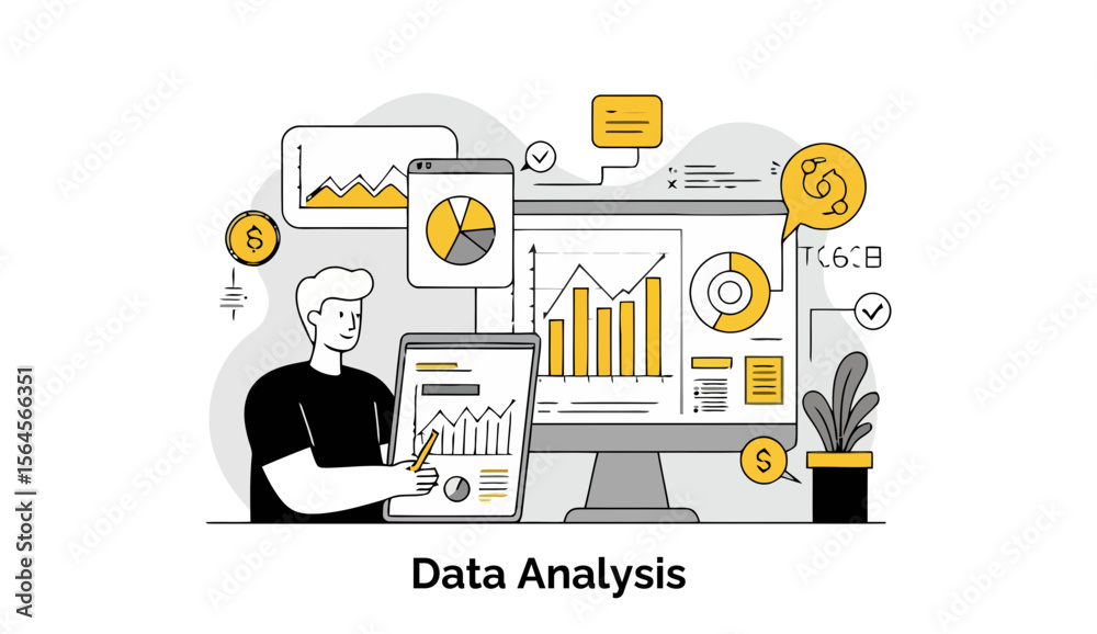 Poster young male data analyst in casual attire examining multiple data visualizations on a computer and ta