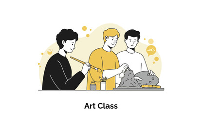 Young adults in casual clothing engaged in a collaborative art class, working on clay sculptures at a table in a bright classroom setting.