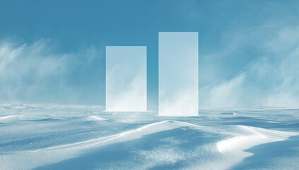 Two blank white rectangles float amidst light-blue, snowy backdrop. High quality