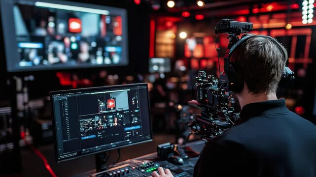 A skilled camera operator wearing headphones focuses intently on a large monitor in a professional video production studio