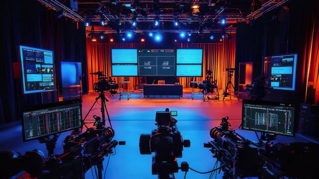 Multiple professional cameras are positioned on tripods in a modern video production studio, ready for a live broadcast