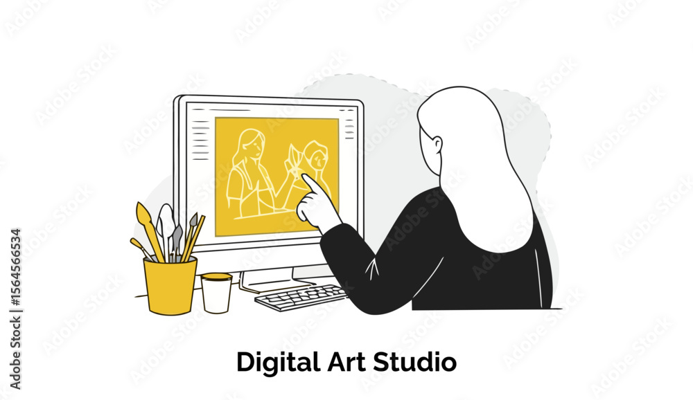 Fototapete A creative female graphic designer is deeply immersed in her work, using a graphics tablet to create a vibrant piece of digital art on her computer in a professional studio.