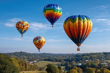 Naklejka premium A group of vibrant hot air balloons in various bright colors and patterns gently floating in a clear bright blue sky