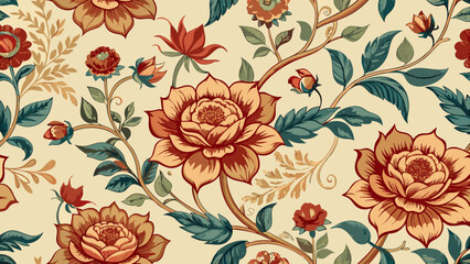 Vintage floral pattern with large blooming flowers and green leaves