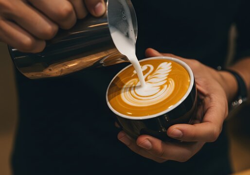 Creating latte art barista pours milk in swan pattern on coffee drink