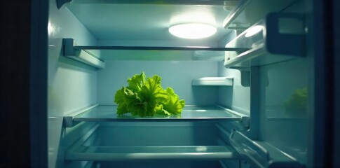 Empty Refrigerator A Dimly Lit Interior Reveals Hunger and Emptiness, a Single Wilted Lettuce Leaf the Only Remnant of Food, Symbolizing Poverty and Food Insecurity.