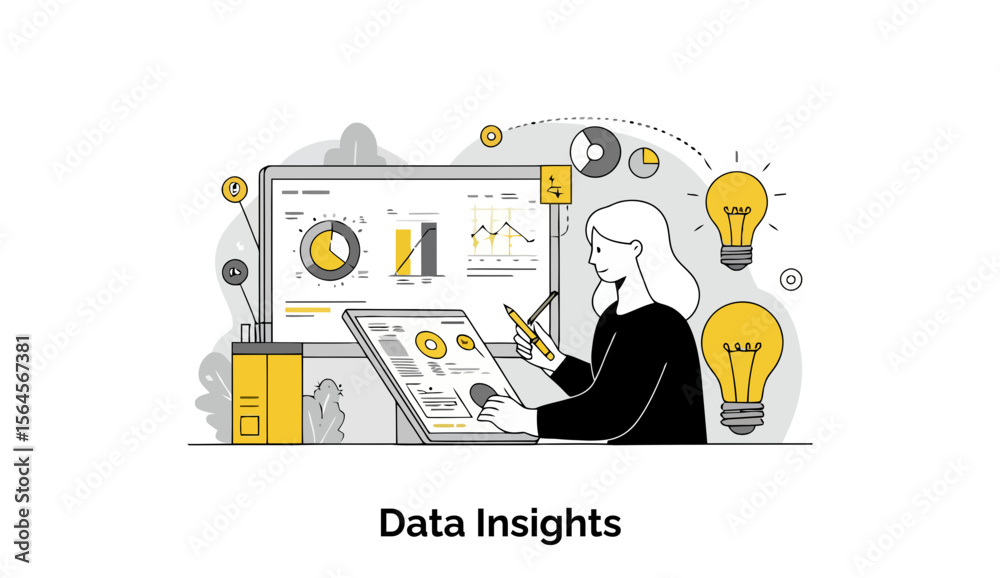 Poster female analyst reviewing data insights on a touch screen display in a modern office setting. focused