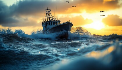 Photo of a ship drifting in the middle of the sea with big waves. Old boat or ship drifting in the middle of the sea. Sea with big waves
