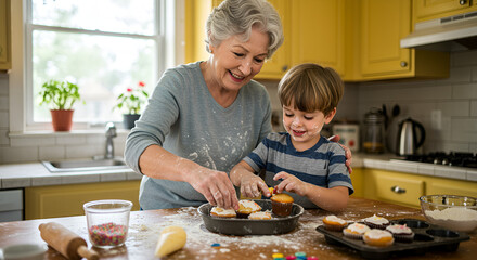 Grandparent and grandchild baking cupcakes