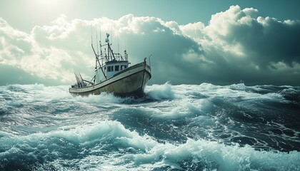 Photo of a ship drifting in the middle of the sea with big waves. Old boat or ship drifting in the middle of the sea. Sea with big waves