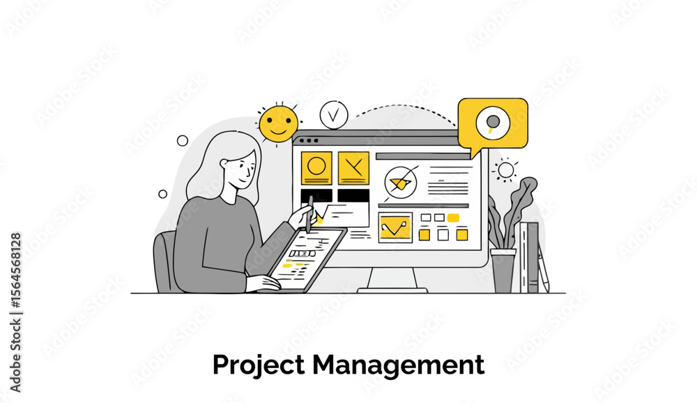 Poster female project manager reviewing project tasks on a computer in an office setting. focused and engag