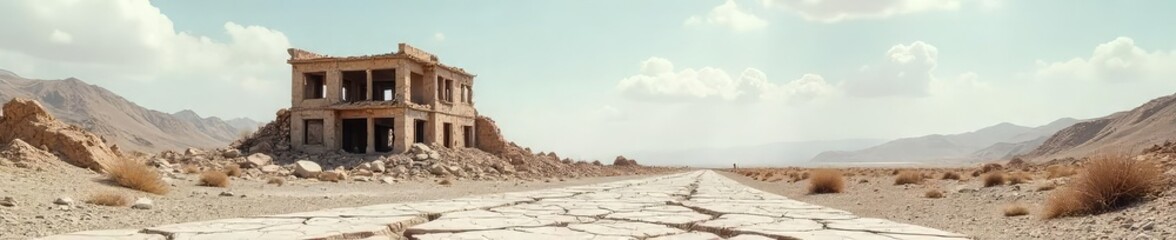 Desolate Building Earthquake Aftermath in Barren Landscape, Powerful Image of Isolation and Destruction