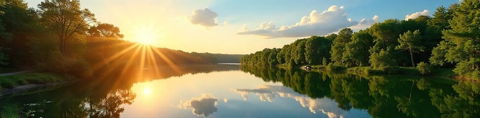 Obraz premium Golden Hour Serenity Vibrant Canadian Landscape, Lush Green Trees, Tranquil Lake, Clear Blue Sky. A picturesque summer day showcasing the beauty of natures tranquility.