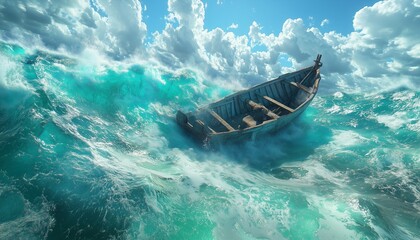 Photo of a ship drifting in the middle of the sea with big waves. Old boat or ship drifting in the middle of the sea. Sea with big waves