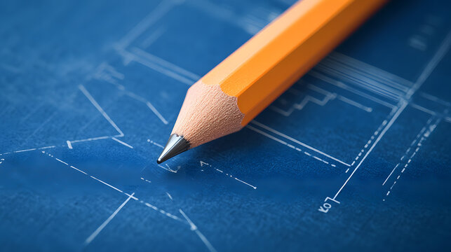 Pencil rests on detailed architectural blueprint, showcasing precision and creativity