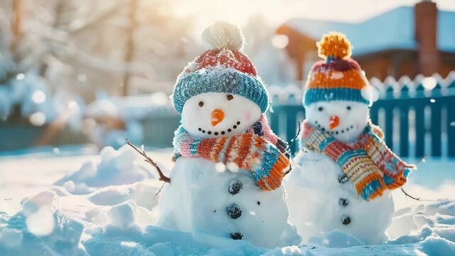 Snowman with colorful hat and scarf bright winter sunlight, joyful holiday decoration outdoor snowy yard with soft sunlight and snowy holiday
