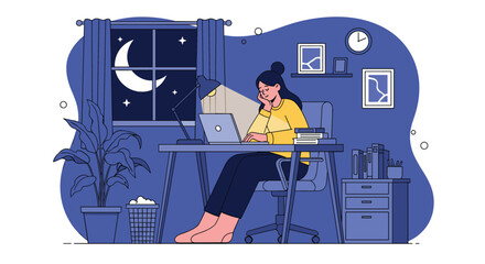Young woman working late at home office by moonlight