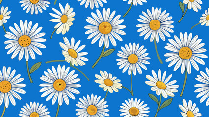 Seamless pattern of white daisies with yellow centers on a vibrant blue background