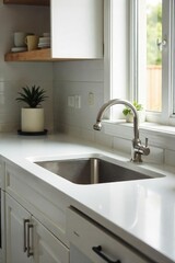 Fototapeta premium Sparkling Clean Kitchen Gleaming Countertops, Spotless Appliances, and a Germ-Free Sink Showcase the Results of a Thorough Household Cleaning