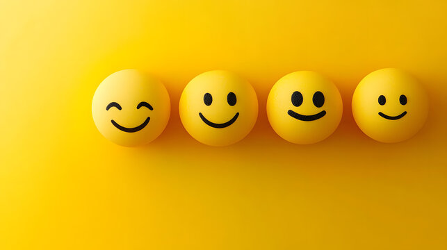 Four yellow smiley faces on bright yellow background convey happiness and positivity