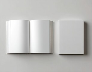 Two blank books; one open, one closed, on a light gray background. High quality