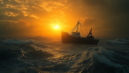 Photo of a ship drifting in the middle of the sea with big waves. Old boat or ship drifting in the middle of the sea. Sea with big waves