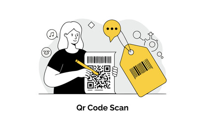 A young woman in a black t-shirt examines a QR code on a document, scanning it with focus, in a digital workspace.