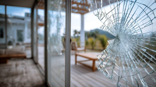 Broken Sliding Glass Door with shattered panels and cracks. Concept of security risk and damage.