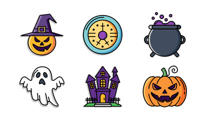 Halloween themed icons: spooky pumpkins, ghosts, horror houses, witchcraft potions, ritual symbols, and witch hats. Suitable for digital decoration, posters, and social media.