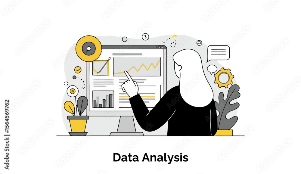 Poster female professional examining data visualizations on a computer screen in an office setting. pointin