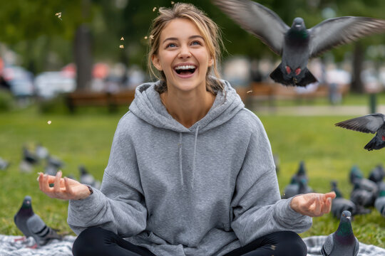 Young woman enjoys feeding pigeons in a park on a sunny afternoon while smiling broadly