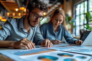 Team discussing investment plan with bar and pie charts, modern style